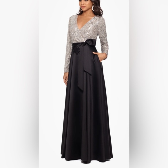 XSCAPE DIXIE V-NECK LONG SLEEVE SEQUIN TOP WAISTBAND WITH BOW GOWN - Picture 1 of 7